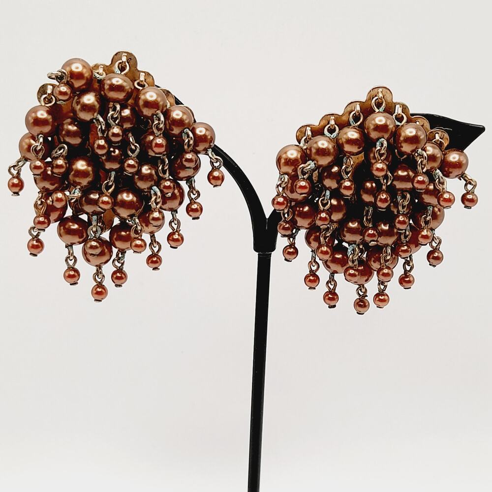 Vintage Brown Beaded Dangle Clip Earrings on Gold Tone Base